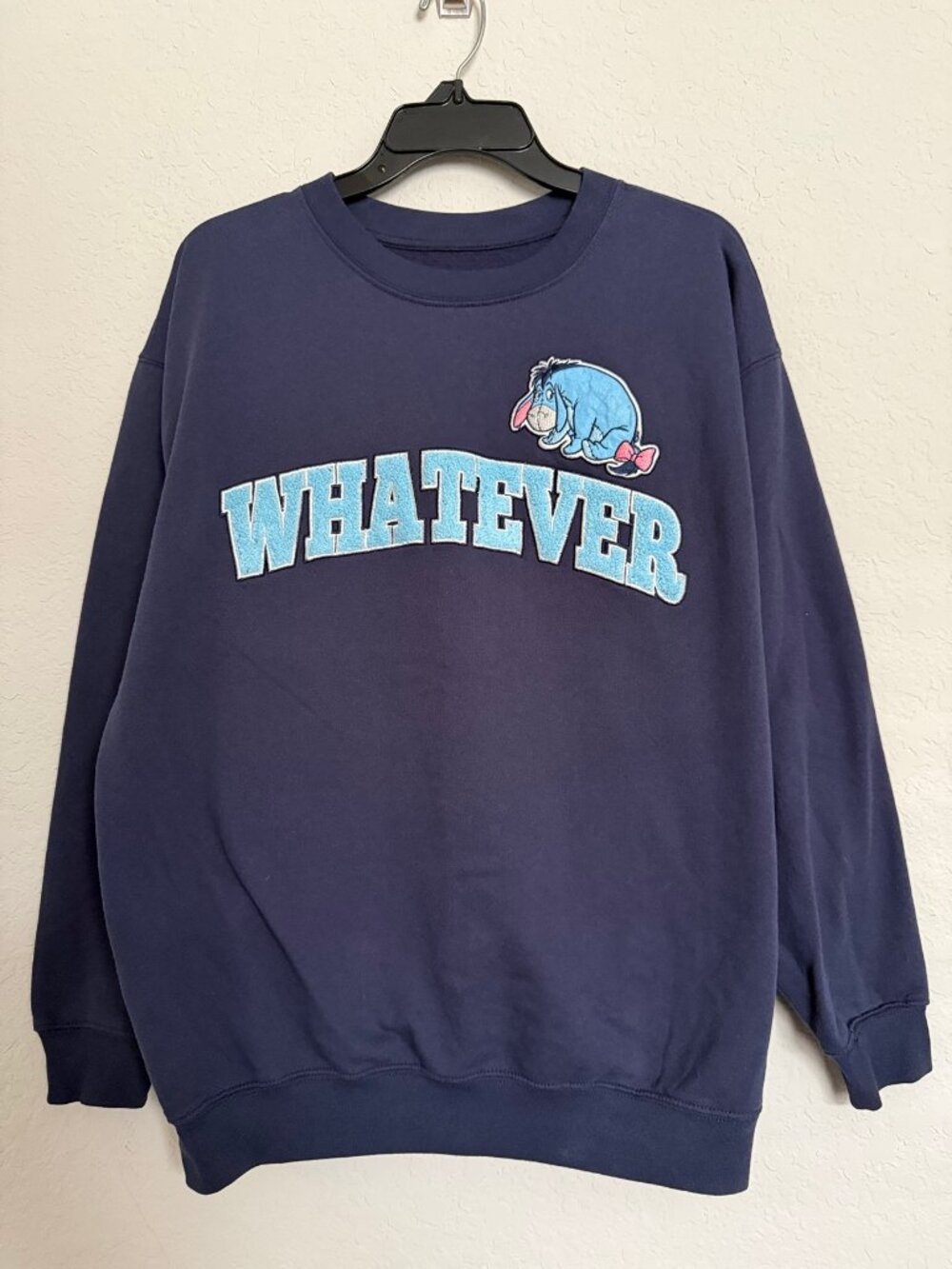 Disney Eeyore Whatever Sweater Navy Embroidered Graphic Crewneck Womens XL